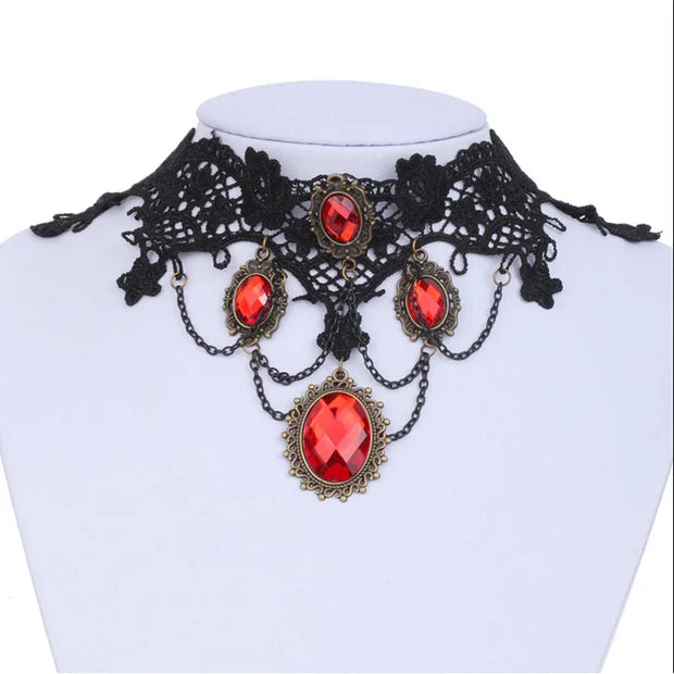 Gothic Lace Choker – Black Lace Choker with Red Gemstones for Victorian Gothic Fashion - pendant