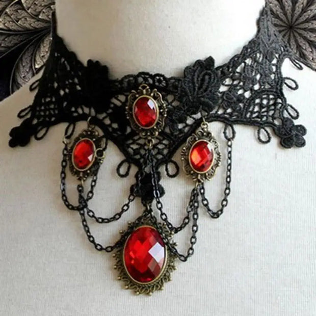 Gothic Lace Choker – Black Lace Choker with Red Gemstones for Victorian Gothic Fashion - pendant