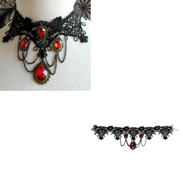 Gothic Lace Choker – Black Lace Choker with Red Gemstones for Victorian Gothic Fashion - pendant