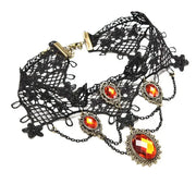 Gothic Lace Choker – Black Lace Choker with Red Gemstones for Victorian Gothic Fashion - pendant