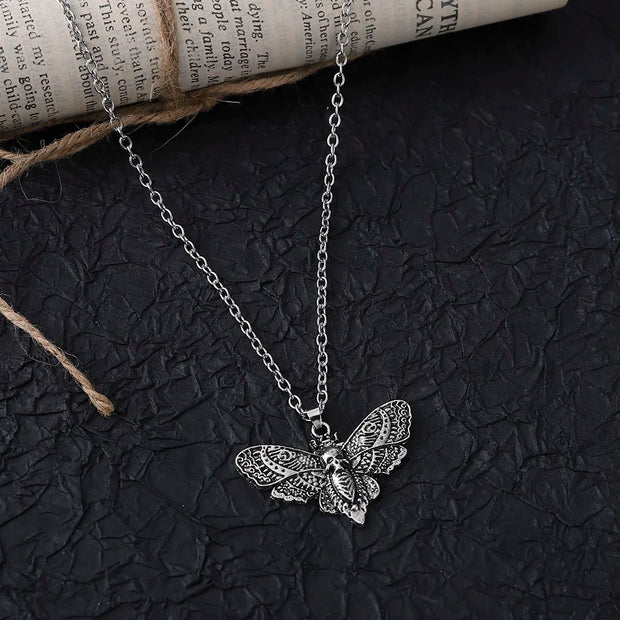 Gothic Moth Pendant Necklace – Vintage Silver Death Moth Necklace