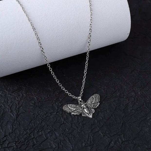 Gothic Moth Pendant Necklace – Vintage Silver Death Moth Necklace