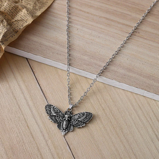 Gothic Moth Pendant Necklace – Vintage Silver Death Moth Necklace