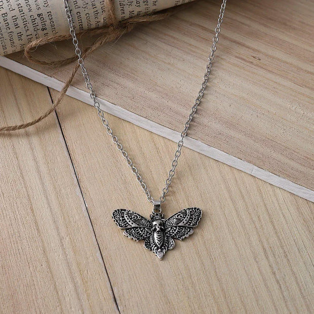 Gothic Moth Pendant Necklace – Vintage Silver Death Moth Necklace