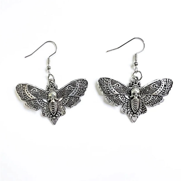 Gothic Moth Pendant Necklace – Vintage Silver Death Moth Necklace - earrings