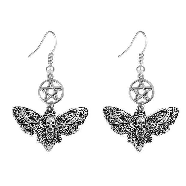 Gothic Moth Pendant Necklace – Vintage Silver Death Moth Necklace - earrings C