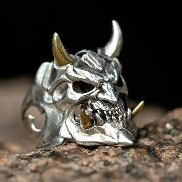 Gothic Oni Demon Skull Ring – Silver Skull Ring with Gold Horns for Alternative Fashion - SLF00173-1 / resizable - ring