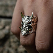 Gothic Oni Demon Skull Ring – Silver Skull Ring with Gold Horns for Alternative Fashion - ring