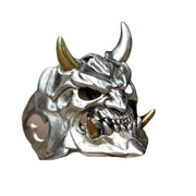 Gothic Oni Demon Skull Ring – Silver Skull Ring with Gold Horns for Alternative Fashion - ring