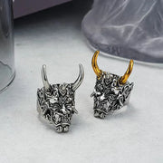 Gothic Oni Demon Skull Ring – Silver Skull Ring with Gold Horns for Alternative Fashion - ring