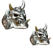 Gothic Oni Demon Skull Ring – Silver Skull Ring with Gold Horns for Alternative Fashion - ring