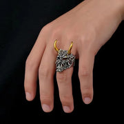 Gothic Oni Demon Skull Ring – Silver Skull Ring with Gold Horns for Alternative Fashion - SLF00173-3 / resizable - ring