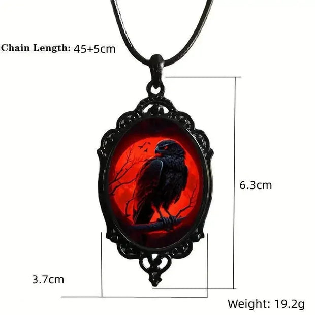 Gothic Vampire Owl Cameo Necklace Women Men Fashion Pagan Witch Jewelry Accessories Gift Blood Owl Glass Charm Rope