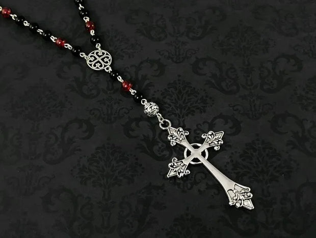 Gothic Rosary Cross Necklace – Red and Black Beaded Cross Pendant Necklace for Alternative Fashion - CHINA / 30cm