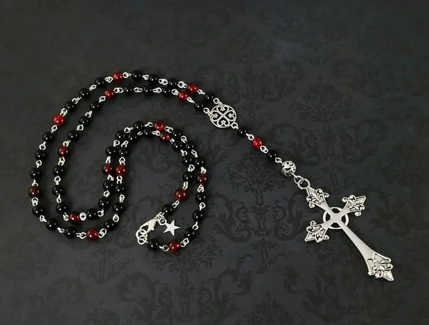 Gothic Rosary Cross Necklace – Red and Black Beaded Cross Pendant Necklace for Alternative Fashion - CHINA / 30cm