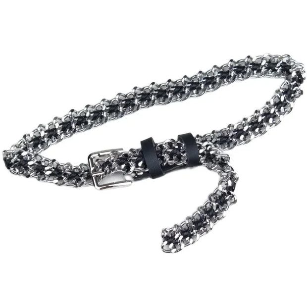 Pu Leather Black Metal Chain Punk Belt for Women with Gold Silver Buckle