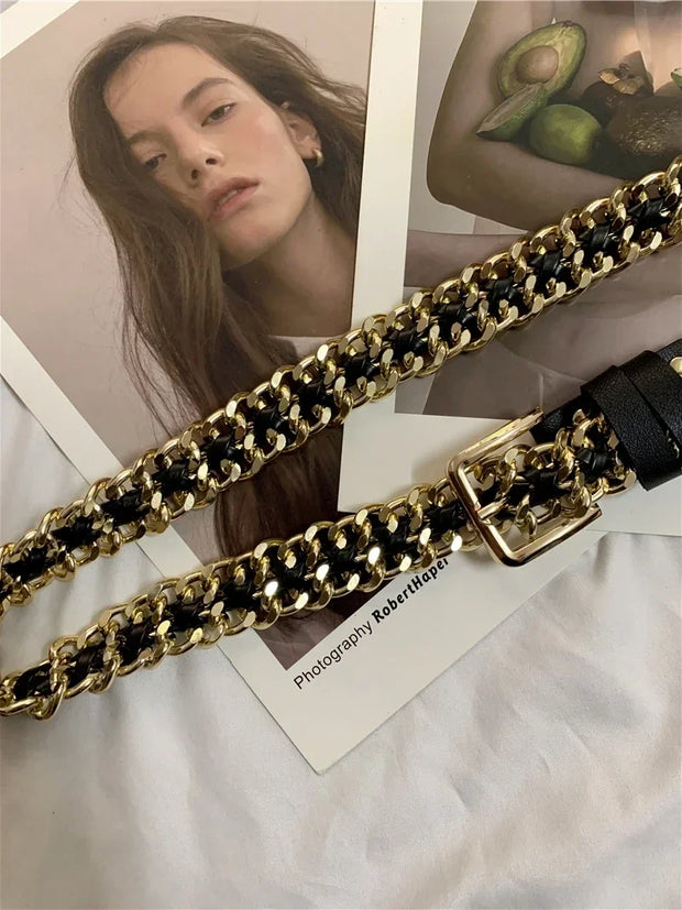 Pu Leather Black Metal Chain Punk Belt for Women with Gold Silver Buckle