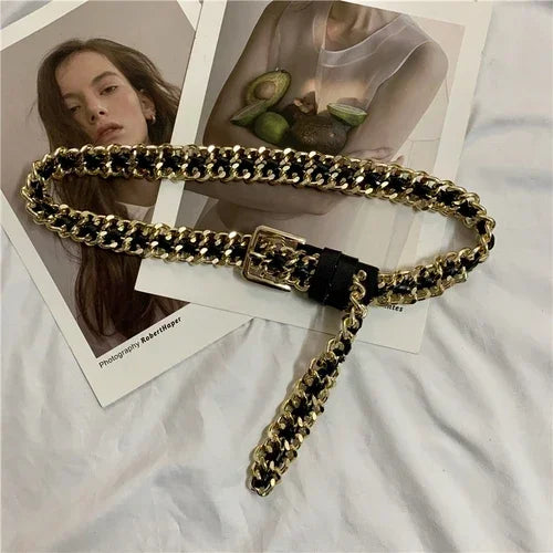 Pu Leather Black Metal Chain Punk Belt for Women with Gold Silver Buckle - JY21Gold / CHINA