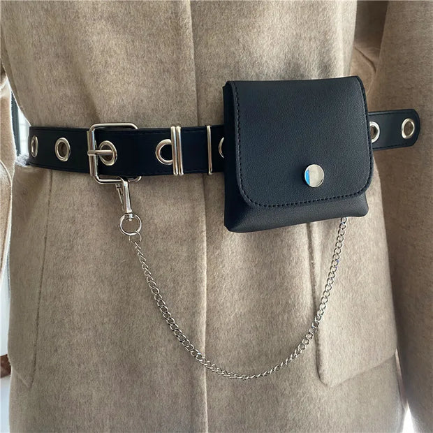 New Chain Small Bag Belts For Women Jean Punk Silver Pin Buckle Strap Belt Shoulder Bag Phone Pouch Waist Bags Hollow