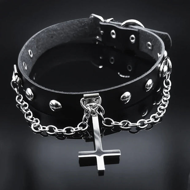 Harajuku Gothic Choker – Satanic Inverted Cross Necklace for Alternative Fashion