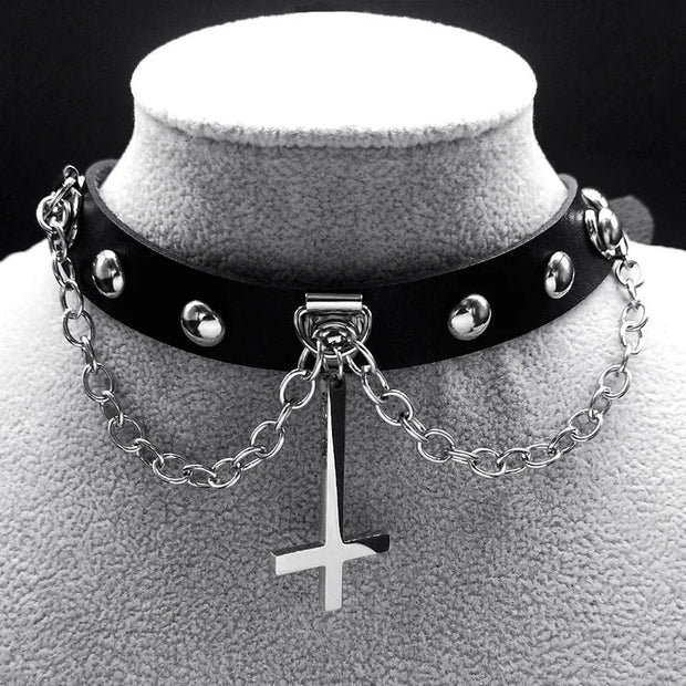 Harajuku Gothic Choker – Satanic Inverted Cross Necklace for Alternative Fashion - SG18 39CM SR