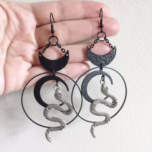 Harvest Ritual Moon Snake Earrings Jewelry Wicca Big Snake Pendant Weird Darkness Women Gift Goth Statement Hallowee