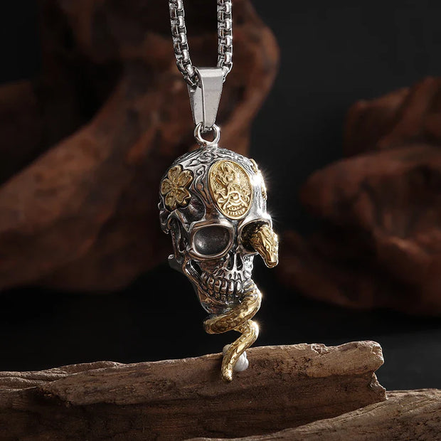 Intricate Skull and Snake Pendant – Gothic Jewelry with Detailed Craftsmanship - 20471-Gold - pendant