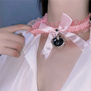 Kawaii Lolita Bowknot Bell Pendant Lace Choker Necklace Statement Sexy Neck Collar Dress Girls Cosplay Party Jewelry