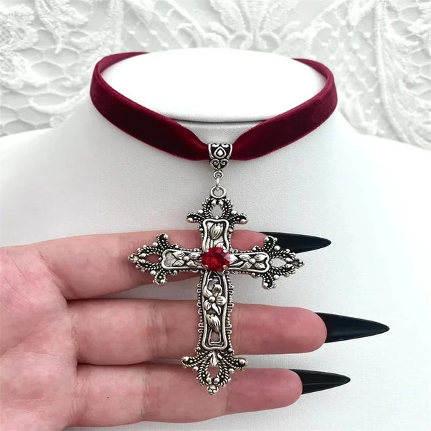 Large Detailed Rhinestone Cross Choker Spiral Hippie Necklace Goth Punk Women Fashion Statement Crucifix Charm Jewelry