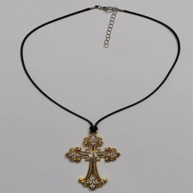 Large Detailed Rhinestone Cross Choker Spiral Hippie Necklace Goth Punk Women Fashion Statement Crucifix Charm Jewelry