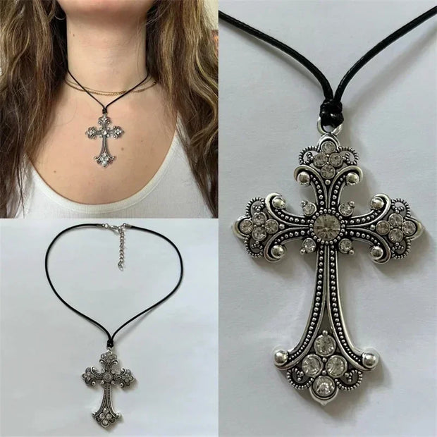 Large Detailed Rhinestone Cross Choker Spiral Hippie Necklace Goth Punk Women Fashion Statement Crucifix Charm Jewelry