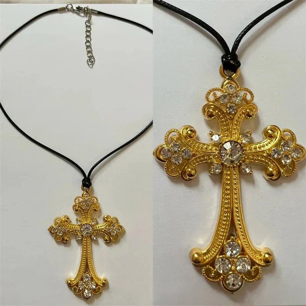 Large Detailed Rhinestone Cross Choker Spiral Hippie Necklace Goth Punk Women Fashion Statement Crucifix Charm Jewelry