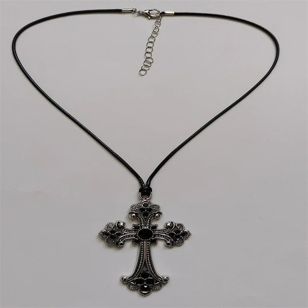 Large Detailed Rhinestone Cross Choker Spiral Hippie Necklace Goth Punk Women Fashion Statement Crucifix Charm Jewelry