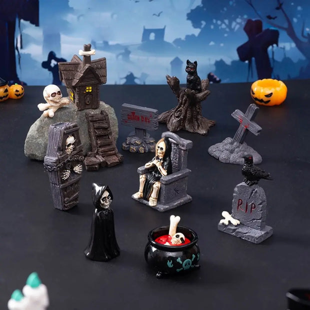 Miniature Haunted Graveyard Set – Gothic Halloween Cemetery Scene with Tombstones Skeletons and Creepy Figures