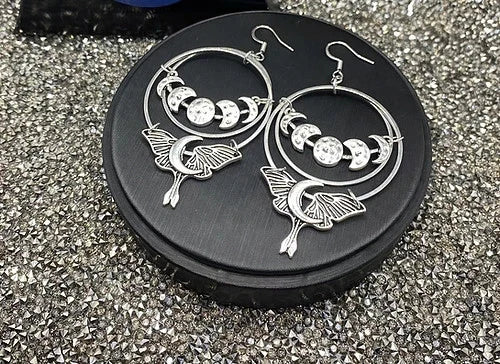 Moonphase / Luna Moth Earrings Tibetan Silver Drop Earrings Boho Pagan Gift Goth Earrings | Gothic Demon Punk Evil