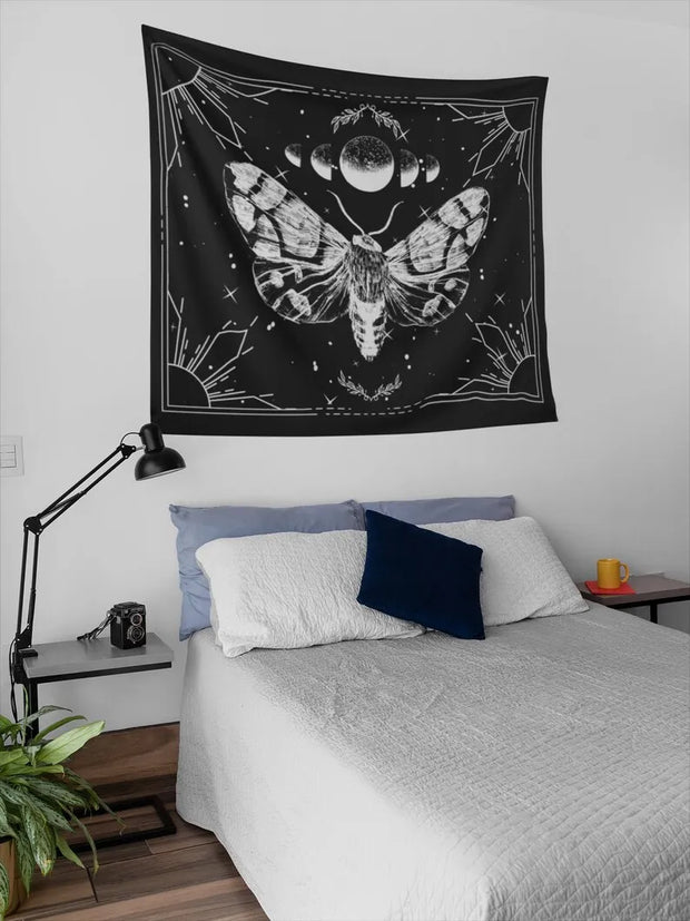 Mystic Moth Moon Tapestry – Gothic Wall Hanging with Celestial and Moth Design - Carpets & Tapestries