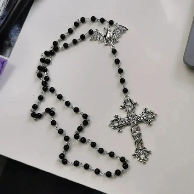 New Gothic Rosary Necklace Prayer Beads Beaded Trad Cross Halloween Pendant Witcher Charm Goth Handmade Jewelry