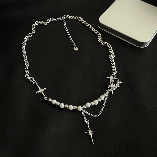 Punk Cross Star Natural Stone Beaded Necklace Goth Cross Chain Necklace Kpop Pendant Necklaces for Women Party Jewelry