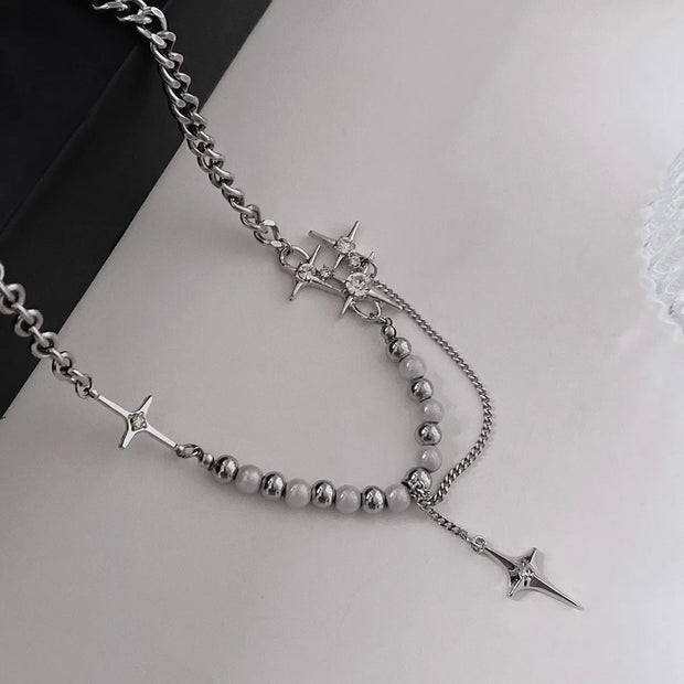 Punk Cross Star Natural Stone Beaded Necklace Goth Cross Chain Necklace Kpop Pendant Necklaces for Women Party Jewelry