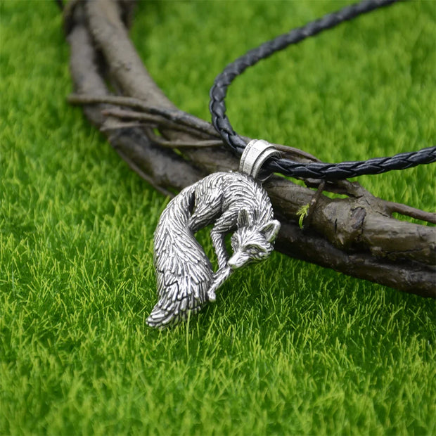 Slavic Fox Pendant Animal Viking Jewelry Necklace Men Accessories Goth Jewlery - Leather Chain SIlver