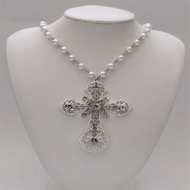 Victorian Big Cross Pendant Necklace White Pearl Choker Vampire Cross Rosary Goth Punk Crystal Cross Metal Jewelry