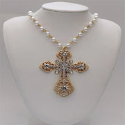 Victorian Big Cross Pendant Necklace White Pearl Choker Vampire Cross Rosary Goth Punk Crystal Cross Metal Jewelry