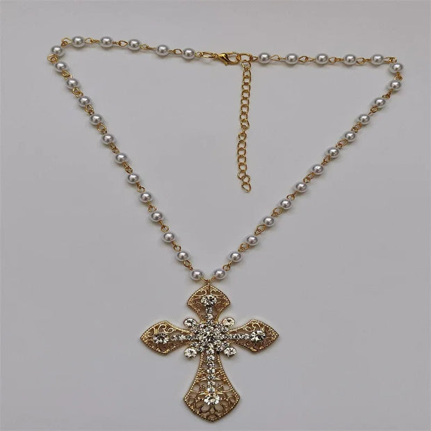 Victorian Big Cross Pendant Necklace White Pearl Choker Vampire Cross Rosary Goth Punk Crystal Cross Metal Jewelry