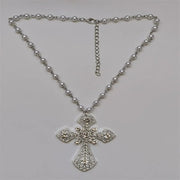 Victorian Big Cross Pendant Necklace White Pearl Choker Vampire Cross Rosary Goth Punk Crystal Cross Metal Jewelry