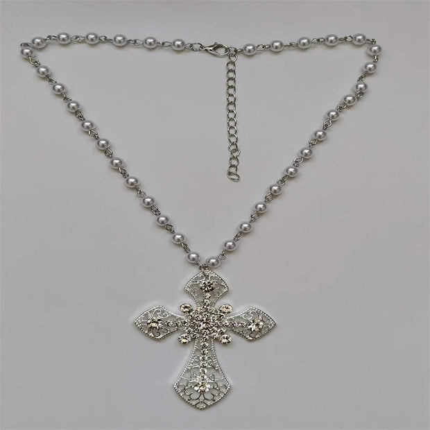 Victorian Big Cross Pendant Necklace White Pearl Choker Vampire Cross Rosary Goth Punk Crystal Cross Metal Jewelry