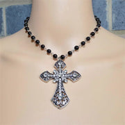 Victorian Big Cross Pendant Necklace White Pearl Choker Vampire Cross Rosary Goth Punk Crystal Cross Metal Jewelry