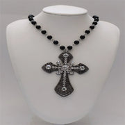 Victorian Big Cross Pendant Necklace White Pearl Choker Vampire Cross Rosary Goth Punk Crystal Cross Metal Jewelry