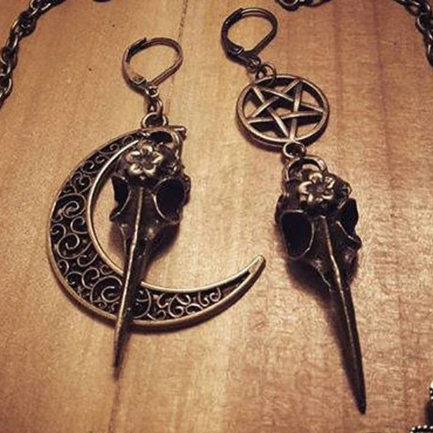 Vintage Asymmetric Earrings Crow Skull Earring Pentagram Moon Witchy Crescent Moon Earrings,Wiccan Goth Pagan,Steampunk