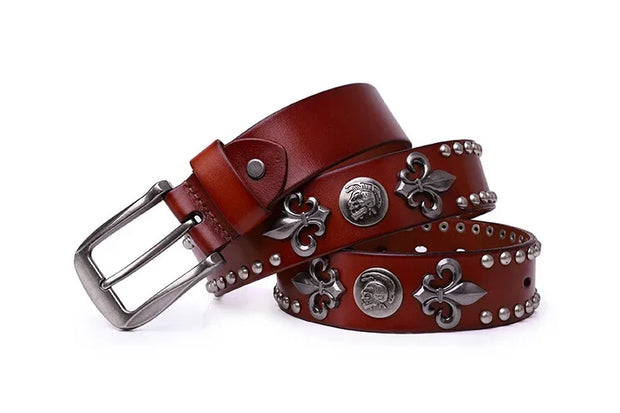 High Quality Metal Rivet Cowboy Belt Top Grain Genuine Leather Cowskin Men Belt Punk Rivet Jeans Belts For Men - Red