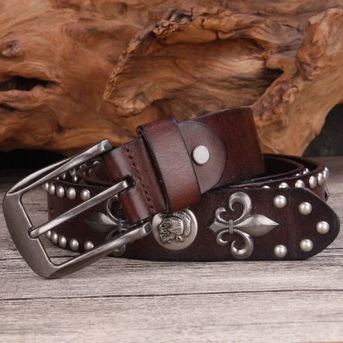 High Quality Metal Rivet Cowboy Belt Top Grain Genuine Leather Cowskin Men Belt Punk Rivet Jeans Belts For Men - Coffee